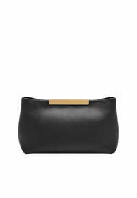 Pochette en cuir noir avec une texture lisse et une forme rectangulaire. Présente une barre accentuée en ton doré à l'avant.