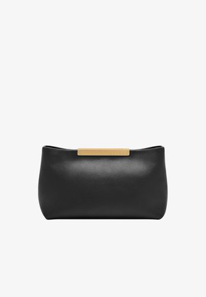 Pochette en cuir noir avec une texture lisse et une forme rectangulaire. Présente une barre accentuée en ton doré à l'avant.