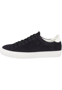 Black suede low-top sneaker with white sole and white heel tab, featuring black laces and metal eyelets on a plain white background.