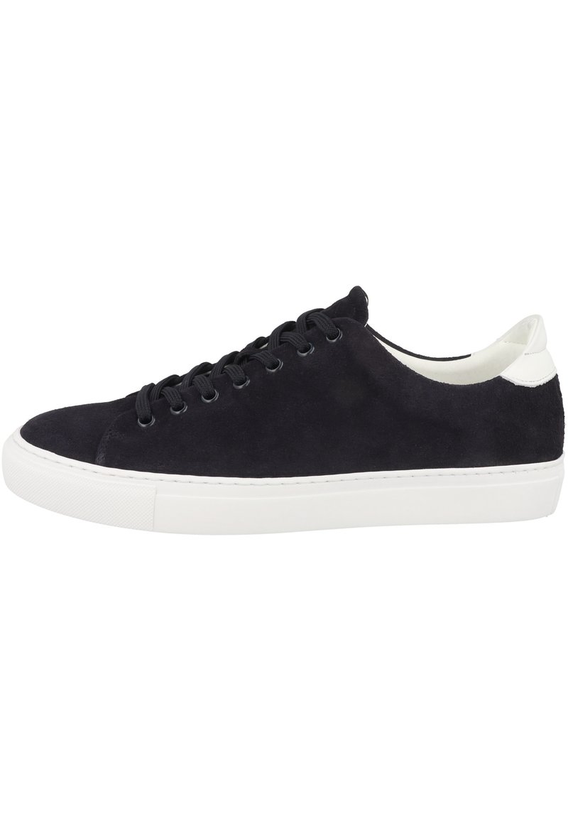 Black suede low-top sneaker with white sole and white heel tab, featuring black laces and metal eyelets on a plain white background.