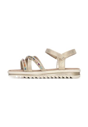 Sandalias doradas con un diseño de tira texturizada que presenta adornos coloridos. Suela ligera con bordes dentados para mayor tracción.