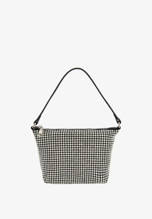 Fekete cipzáras kézitáska, melynek texturált felülete apró ezüst strasszokkal van borítva; vékony fekete vállpántja van.