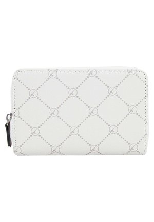 White wallet made of textured synthetic material; features a diamond pattern with subtle circles; zipper closure on the side.