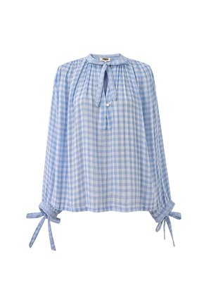 Blouse à manches longues à carreaux bleu clair et blanc avec un col en trou de serrure, noué par un ruban, et des nœuds aux poignets.