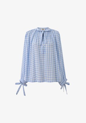 Hellblau-weiß karierte Bluse mit langen Ärmeln, Schlüsselloch-Ausschnitt mit Kordel und Schleifen an den Manschetten.