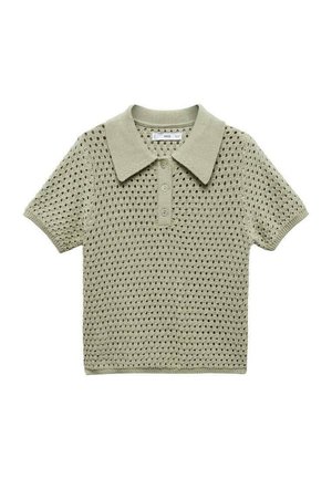 Polo à manches courtes en maille vert olive avec patte de boutonnage et motif ajouré sur l'ensemble du tissu.