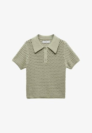 Polo à manches courtes en maille vert olive avec patte de boutonnage et motif ajouré sur l'ensemble du tissu.