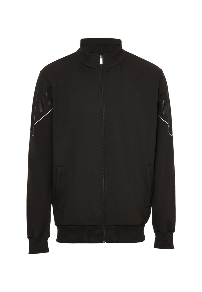 Zwarte zip-up jas van zachte stof. Voorzien van een opstaande kraag, zijzakken en reflecterende accenten op de schouders. Gemoedelijke textuur.