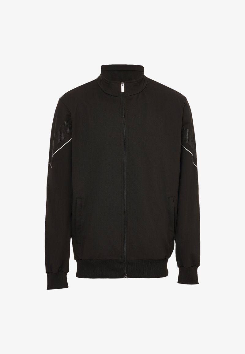 Sort zip-up jakke lavet af blødt stof. Har stående krave, sidelommer og reflekterende detaljer på skuldrene. Glat tekstur.