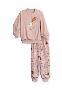 Roze sweatshirt met een kat graphic en bladdetail; bijpassende joggers met elastische tailleband met verschillende natuurpatronen in pasteltinten.