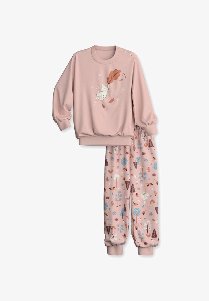 Pink sweatshirt with a cat graphic and leaf detail; matching elastic-waist joggers featuring assorted nature patterns in pastel colors.