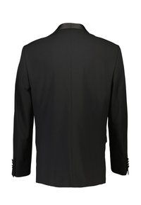 Blazer nero con revers in satin, maniche lunghe e polsini a tre bottoni. Taglio dritto con design minimalista e senza motivi visibili.