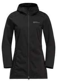 Schwarze Softshell-Jacke mit Kapuze, durchgehendem Reißverschluss, zwei Seitentaschen und Logo auf der linken Brust. Glatte Struktur und figurbetontes Design.