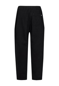 Sorte bomuldsbukser med elastisk talje, tapered ben og en enkelt baglomme. Glat tekstur og casual design.