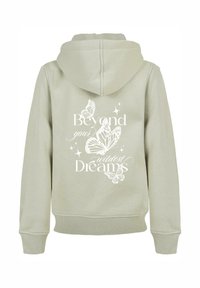 Light green hoodie with a drawstring hood, featuring white text and butterfly graphics on the back. Soft fabric with a ribbed hem.