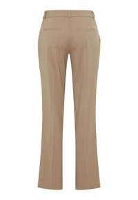 Beige maßgeschneiderte Hose mit geradem Bein, ausgestattet mit zwei Gesäßtaschen und subtiler Textur. Abgerundet mit einem Taillenbund und einem schlichten Design.