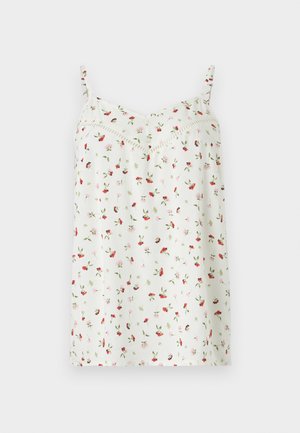 Λευκό αμάνικο τοπ με λεπτές τιράντες και διάσπαρτο κόκκινο και ροζ λουλουδένιο μοτίβο, με διακοσμητική επένδυση κάτω από τον λαιμό.