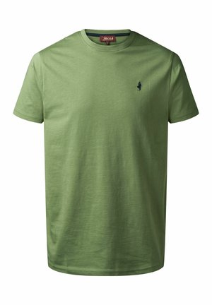 Olivno zeleni bombažni majica s kratkimi rokavi in okroglo izrezom, z majhnim temnim logotipom na prsih. Gladka tekstura in standardni kroj.