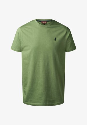 Oliivroheline puuvillane T-särk ümarate kaelustega, lühikeste varrukatega ja väikese tumeda logoga rinnal. Sile tekstuur ja tavaline lõige.