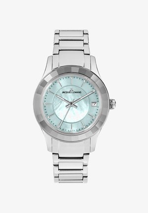 Srebrni sat od nehrđajućeg čelika s svijetloplavim dialom od majčine bisera, 12 dijamantnih oznaka i prozorom za datum na 3 sata. Metalna narukvica.