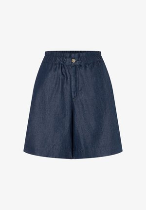 Dunkelblaue Denim-Shorts mit elastischem Bund und Knopfverschluss, vor schlichtem weißem Hintergrund dargestellt.