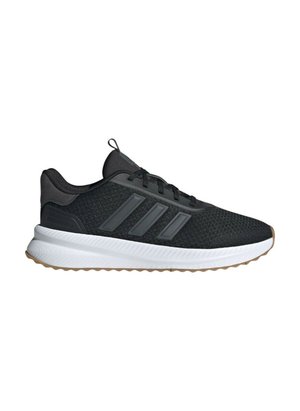 Scarpa sportiva nera in rete con accenti grigi, design con lacci e una suola intermedia in schiuma bianca. Presenta trestrisce parallele sul lato.