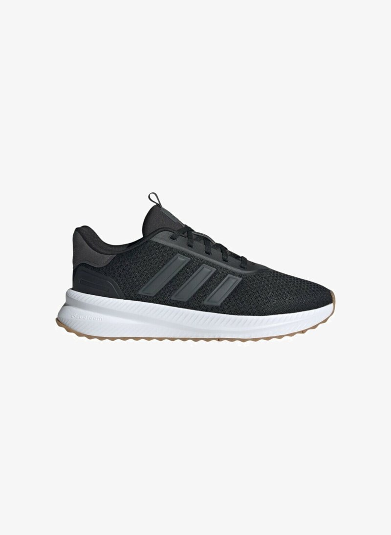 Scarpa sportiva nera in rete con accenti grigi, design con lacci e una suola intermedia in schiuma bianca. Presenta trestrisce parallele sul lato.