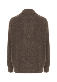 Brun sweater i uldblanding med en afslappet pasform, der har krave og lange ærmer. Teksturen er blød og let fuzzy.