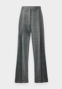 Ruudulliset housut, joissa on sininen, harmaa ja oranssi väriyhdistelmä, leveä lahkeiden muotoilu ja puristetut taitokset; valmistettu teksturoidusta kankaasta.