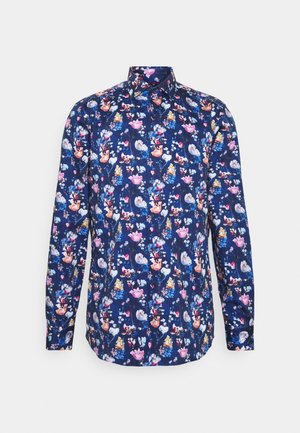 Chemise pour homme à manches longues, boutonnée, avec un fond bleu foncé et un motif floral multicolore, dotée d'un col classique.