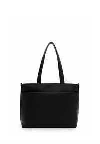 Borsa tote in pelle nera con superficie testurizzata, due spallacci e una tasca frontale. Chiusura con zip sulla parte superiore.