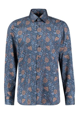 Niebieska koszula na długi rękaw z guzikami, z kwiatowym wzorem przedstawiającym pomarańczowe i jasnoniebieskie kwiaty oraz zielone winorośle.