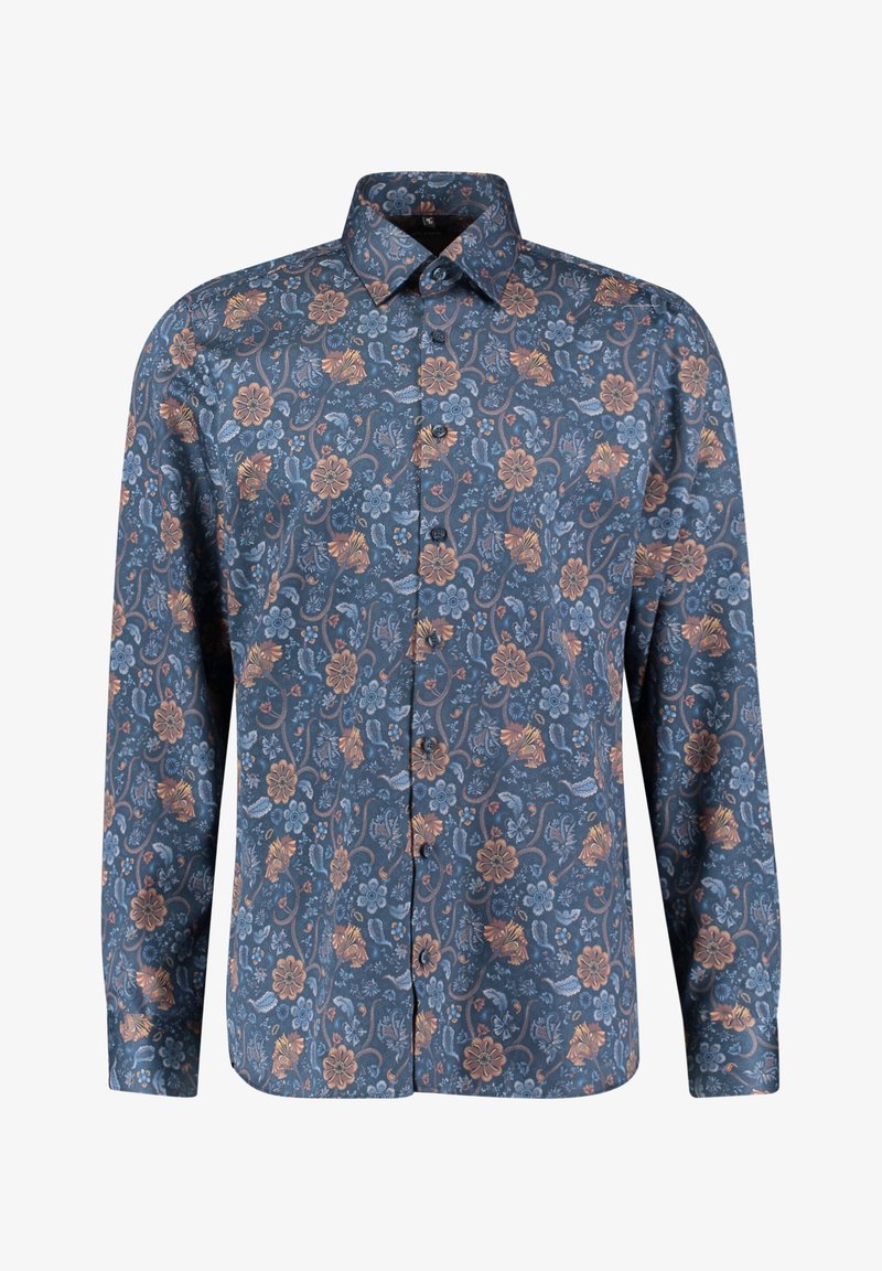 Chemise à manches longues bleue avec des boutons, ornée d'un motif floral comprenant des fleurs orange et bleu clair ainsi que des lianes vertes.