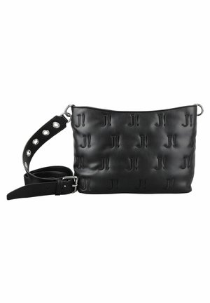 Sac bandoulière en cuir noir avec motif "J!" en relief et bandoulière réglable dotée d'œillets métalliques et de boucle.