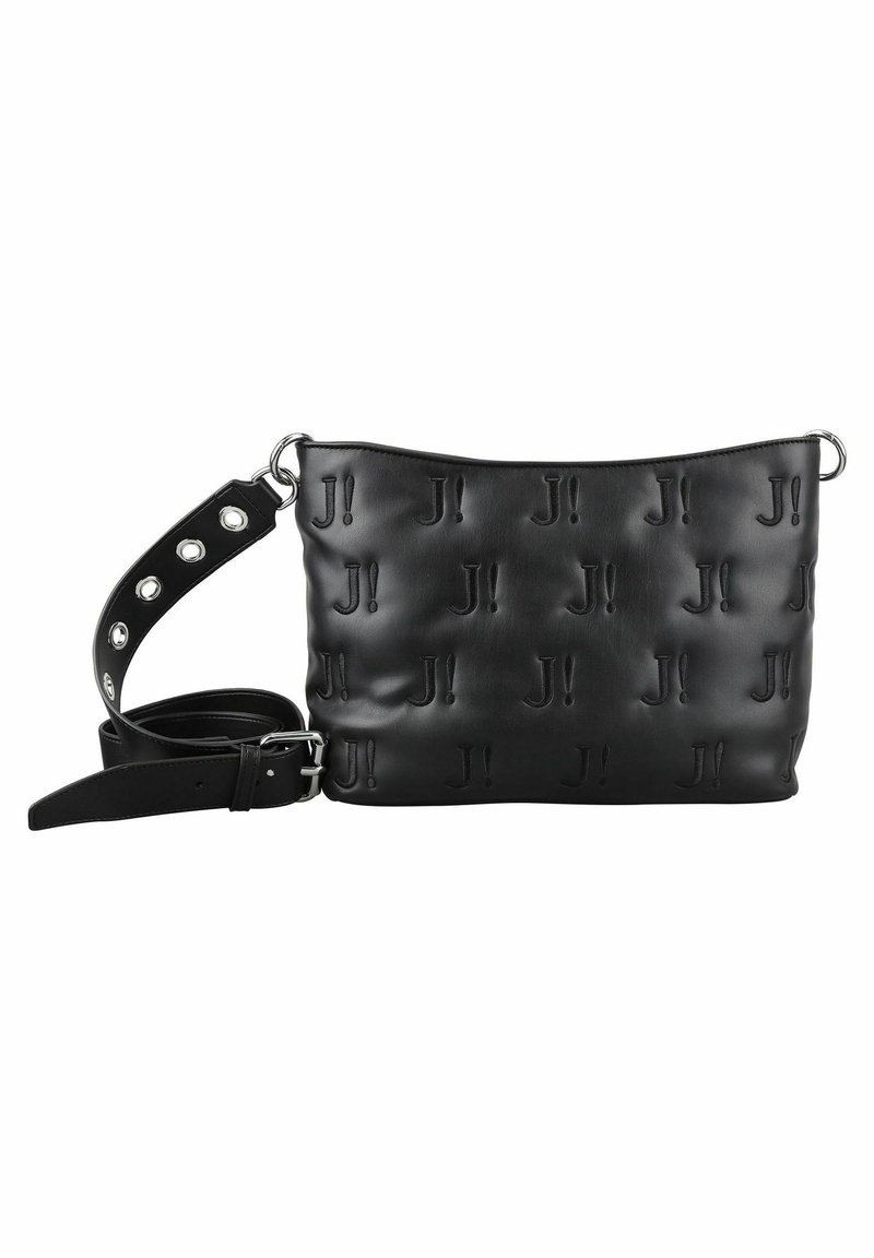 Sac bandoulière en cuir noir avec motif "J!" en relief et bandoulière réglable dotée d'œillets métalliques et de boucle.
