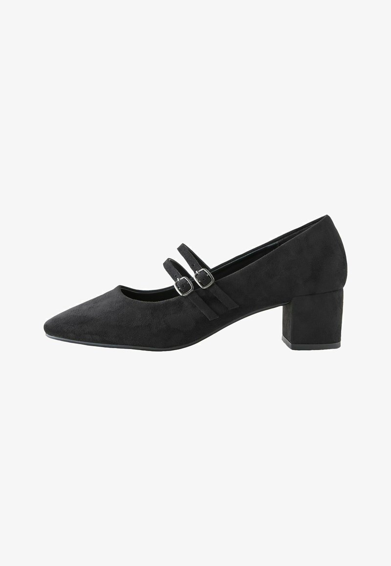 Chaussure Mary Jane en daim noir avec bout pointu, brides à double boucle et talon carré, vue de profil sur fond blanc.