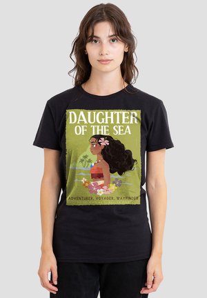 Black cotton t-shirt featuring a colorful graphic of a girl with long hair, flowers, and the text "DAUGHTER OF THE SEA" in bold font.