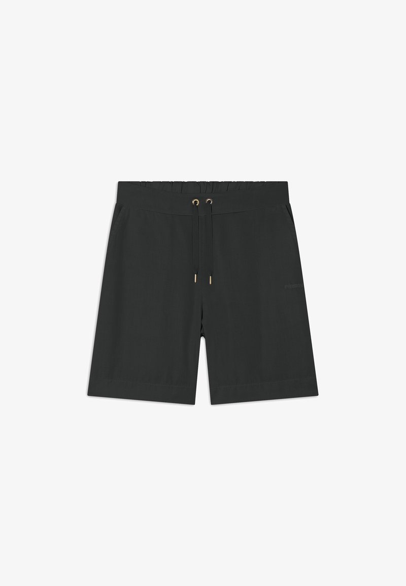 Bañador negro con cintura elástica ajustable, detalles en dorado y un corte relajado, cuenta con dos bolsillos laterales y una textura suave.