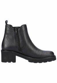 Black leather ankle boot with a side zipper, chunky heel, and textured surface. Features a loop tab on the rear for easy wear.