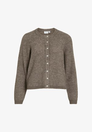 Smeđa pletena kardigan s okruglim izrezom, zatvaranjem na gumbe, rebrastim manžetama i teksturiranim uzorkom kroz cijeli komad.