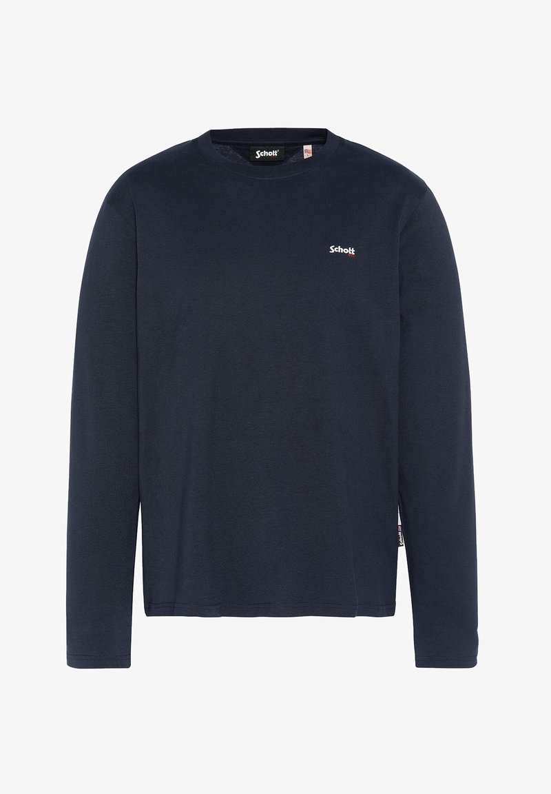 Marineblaues Langarm-T-Shirt aus Baumwolle mit Rundhalsausschnitt und kleinem weißen Logo auf der Brust sowie geradem Saum.