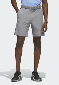 Pantaloni corti grigi con fronte piatto, passanti per cintura e due tasche laterali. Indossati con una camicia blu a fantasia e scarpe da ginnastica nere.