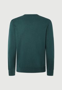 Pull-over vert foncé à manches longues, col rond, poignets côtelés et texture lisse, avec un design minimaliste.