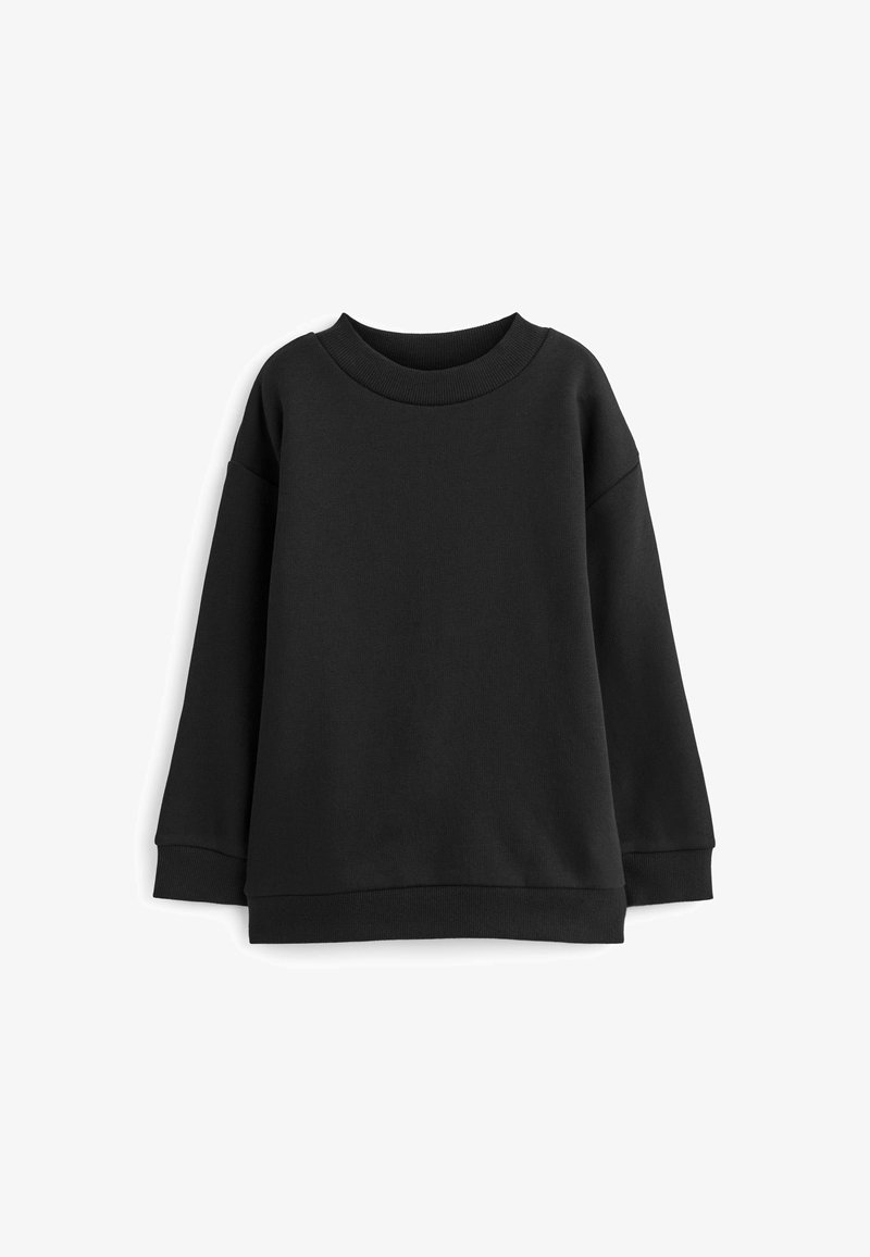 Sweat-shirt noir à col rond avec manches longues, poignets côtelés et ourlet côtelé sur un fond blanc.