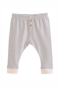 Baby leggings with thin horizontal navy stripes on white fabric, elastic waistband, two small brown buttons, and white cuffs at ankles.