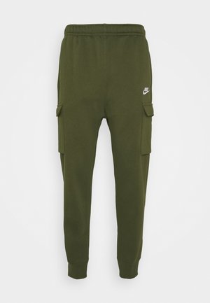 Olive green sweatpants made of soft fabric, featuring an elastic waistband, tapered legs, and side cargo pockets with a small logo accent.