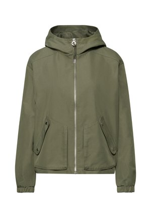 Veste à capuche vert olive avec fermeture éclair à l'avant, deux poches à rabat avec boutons-pression et poignets élastiques.