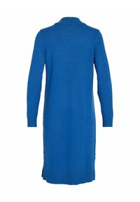 Robe bleu tricotée à manches longues et longueur au genou, avec poignets et ourlet côtelés, vue de dos sur un fond blanc.