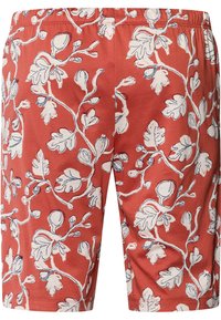 Rote Baumwollshorts mit einem weißen Blumenmuster, das Blätter und Knospen zeigt, einem elastischen Bund und einem lockeren Schnitt.