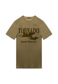 T-shirt in cotone verde oliva con scollatura tonda, maniche corte e grafica stampata di un aeroplano e testo in colori a contrasto.